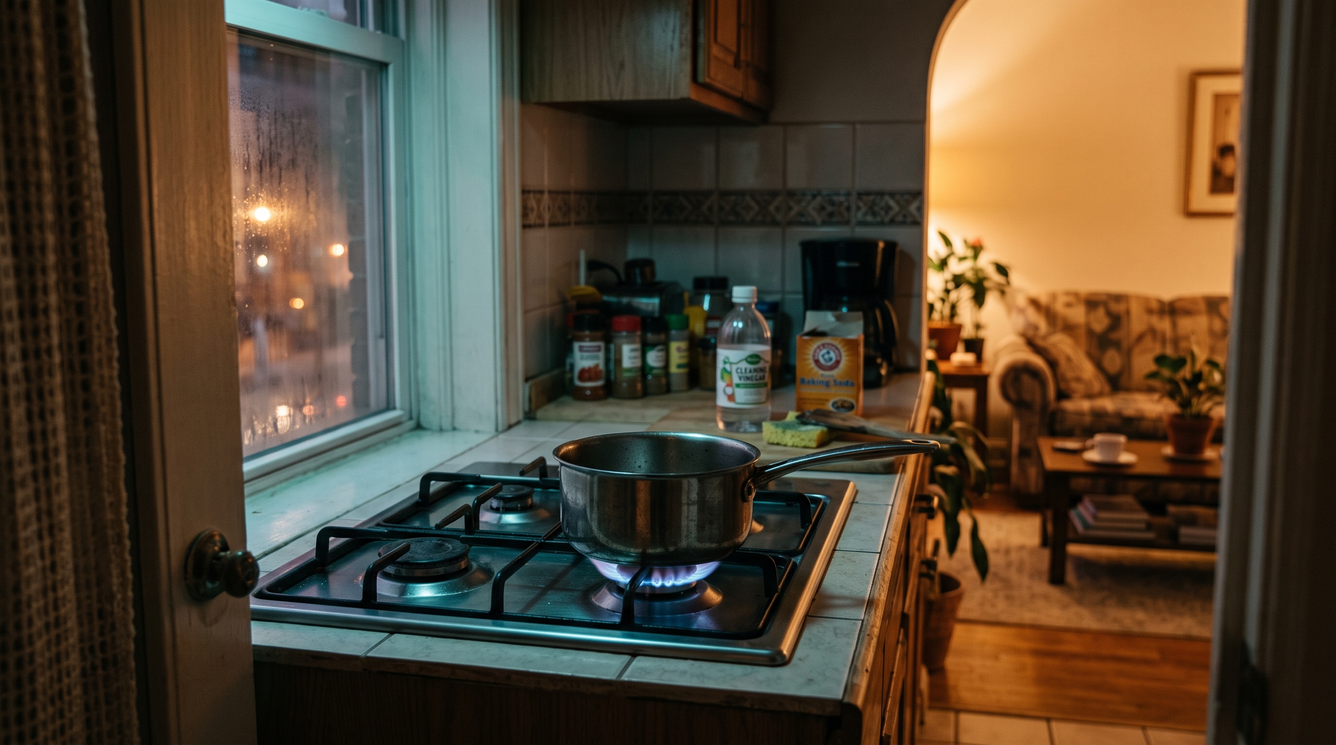Llama de gas encendida en la estufa de una cocina desatendida durante la noche