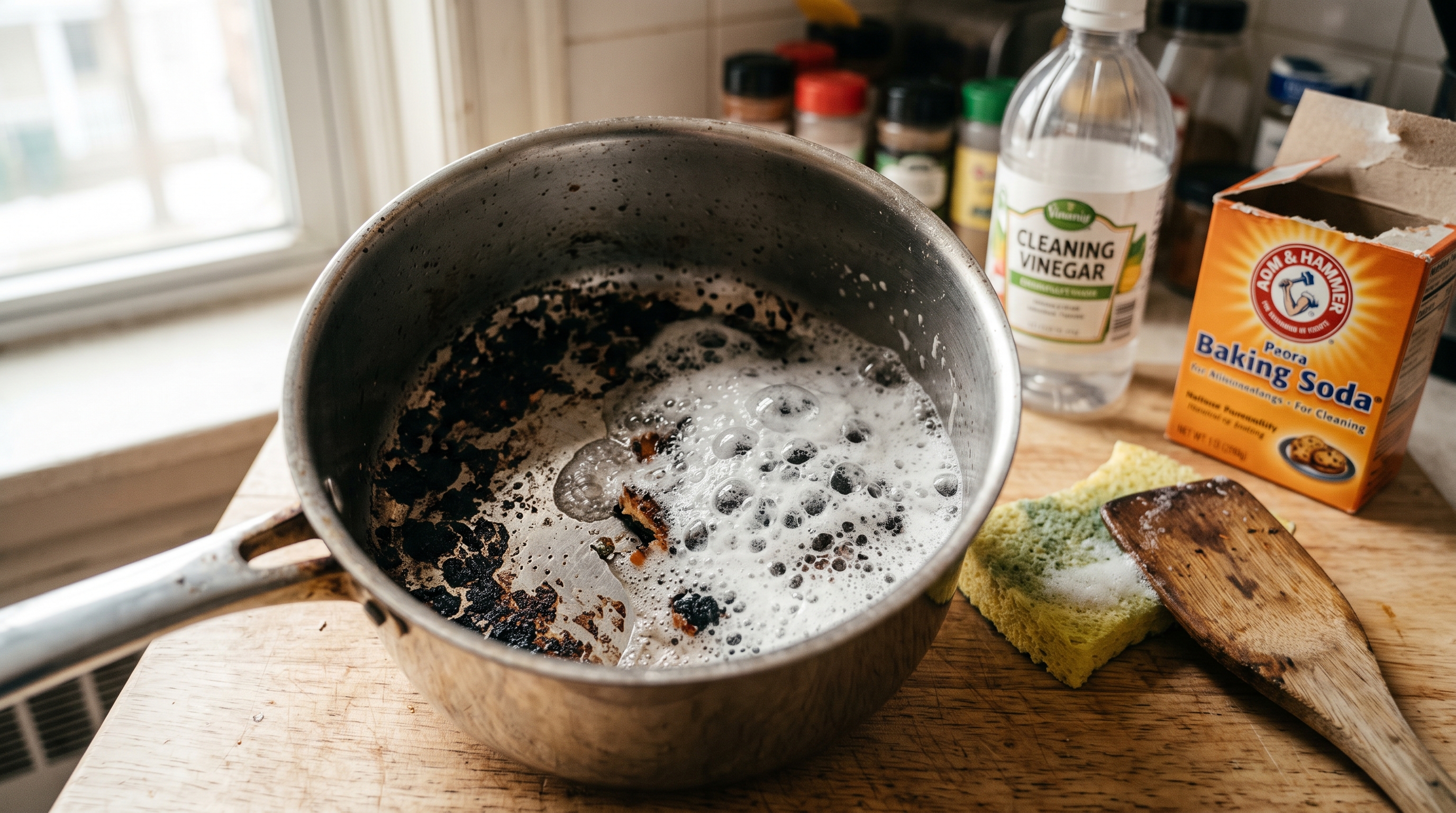 Proceso de limpieza de olla quemada usando espuma de bicarbonato y vinagre blanco
