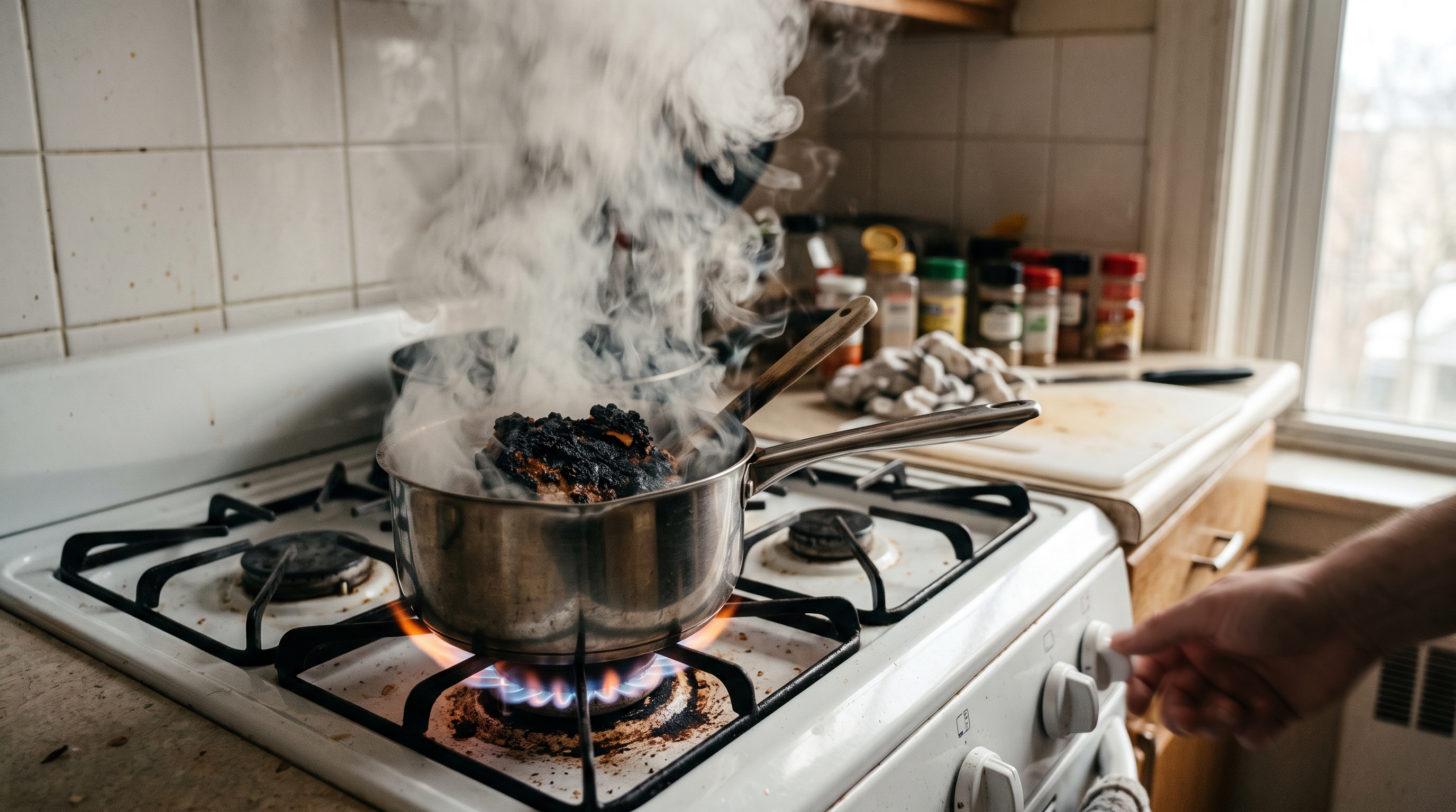 Olla olvidada humeando intensamente sobre los fogones de una estufa de gas